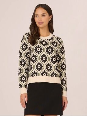 Adrianna Papell Crewneck Sweater Cream Green Black Design Medium